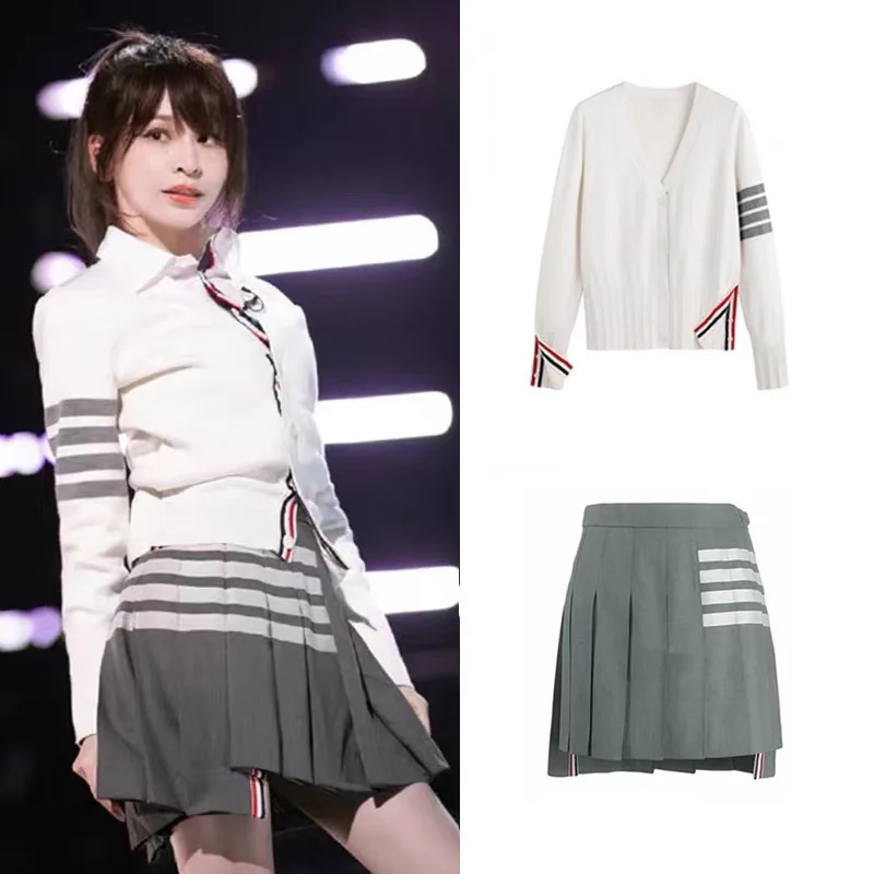 2022 New Fashion Tb Shirt Top Stripe Knitted Cardigan Coat Pleated Skirt Short Skirt Three-Piece Set