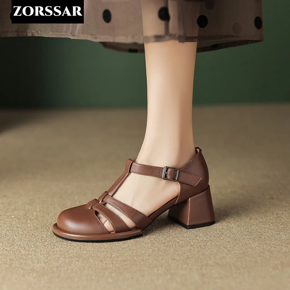 Genuine Leather Square Heel Pumps Women T-Strap High Heel Roman Sandals Baotou Summer Elegant Lady Heeled Shoes Sandalias Mujer