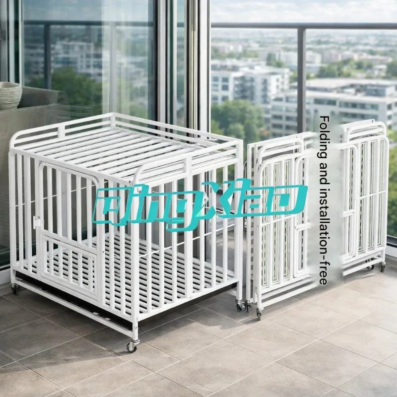 Foldable Heavy Duty Steel Dog Crate With Removable Toilet Tray Stainless Steel Feeding Bowl Lockable Swivel Casters For Indoor