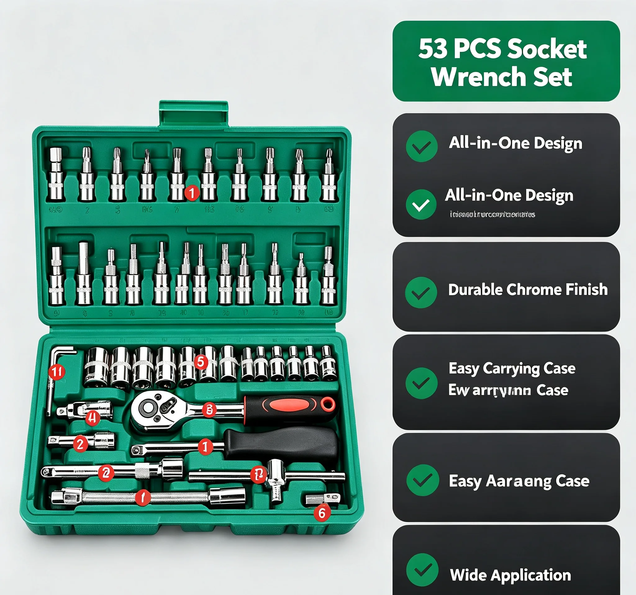 53 PC Metric Hex Bit Socket Set with Ratchet Wrench S2 & CR-V Sockets Mechanic Tool Kit for Auto Household Use