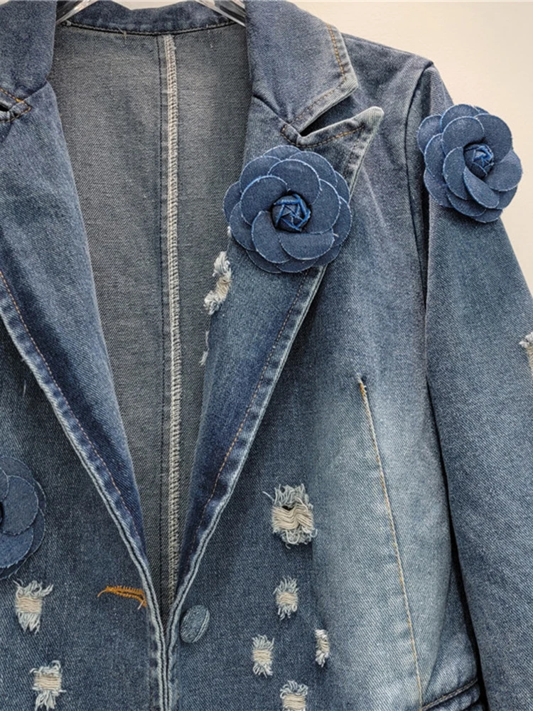 DEAT Fashion Vintage Women's Spliced Flower Denim Blazer Coat 2024 Autumn Trendy Lapel Long Sleeve Loose Jacket Female 11A0420