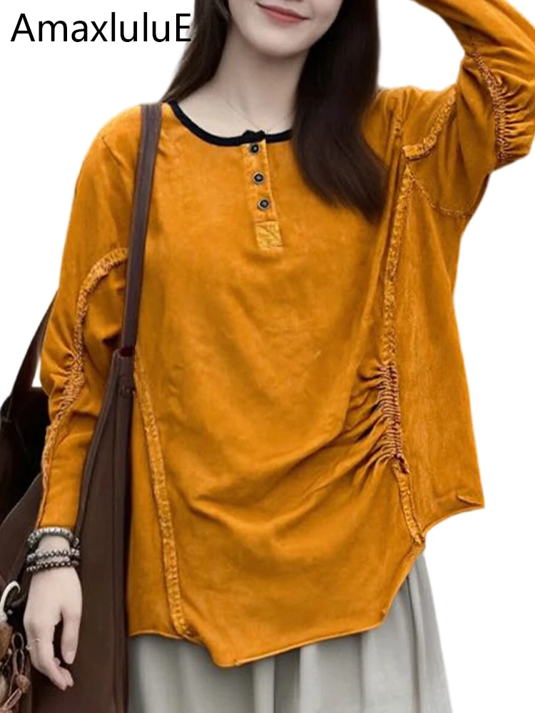 Amax LuluE 2026 Korean Design Clothes Spring Womens Loose Vintage Casual T-shirts Ladies Classic Vintage O Neck Luxury Punk Tops