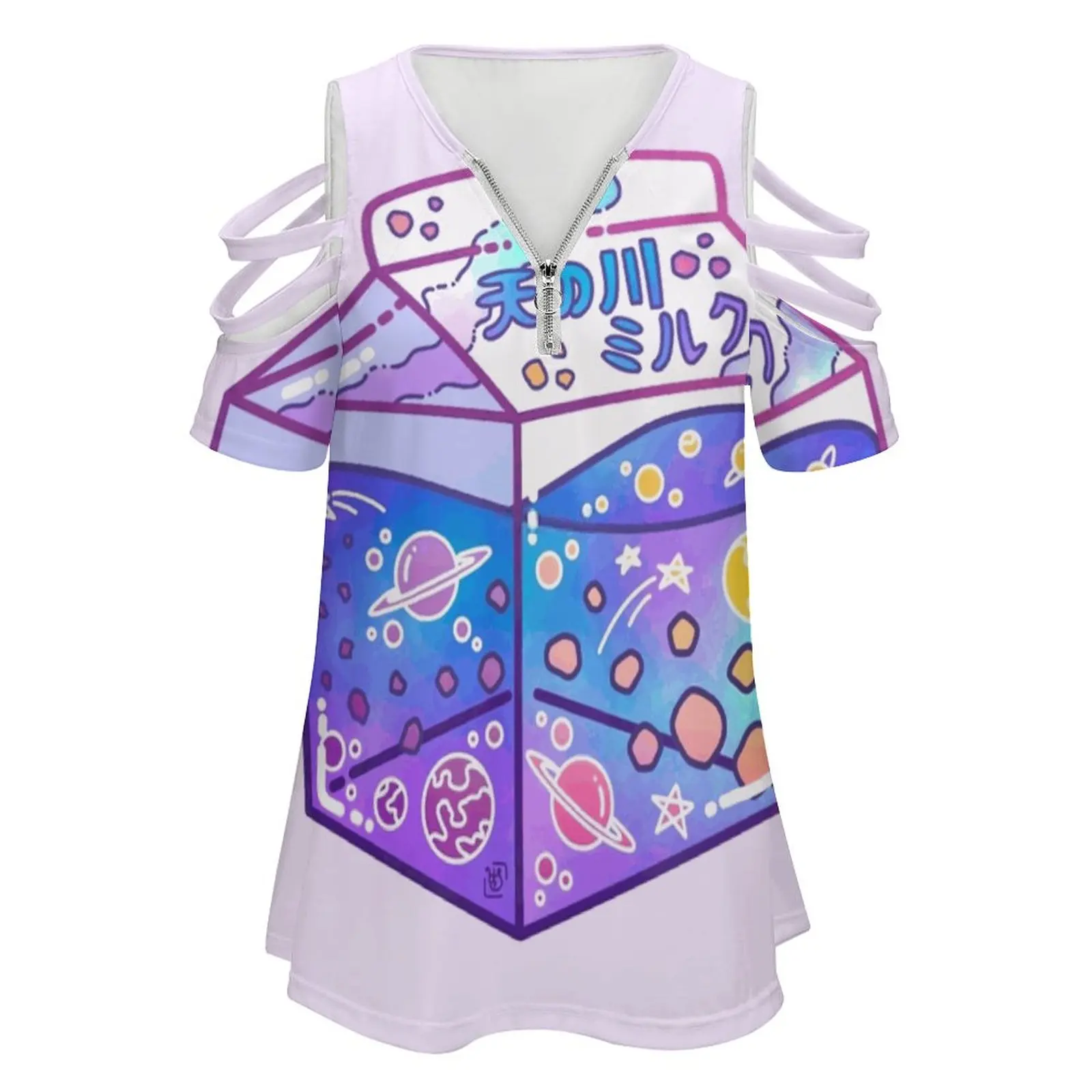 Milky Way Milk Carton New Fashion Zip Off Shoulder Top Short-Sleeve Women Shirt Space Galaxy Galaxy Aesthetic Kawaii Japanese