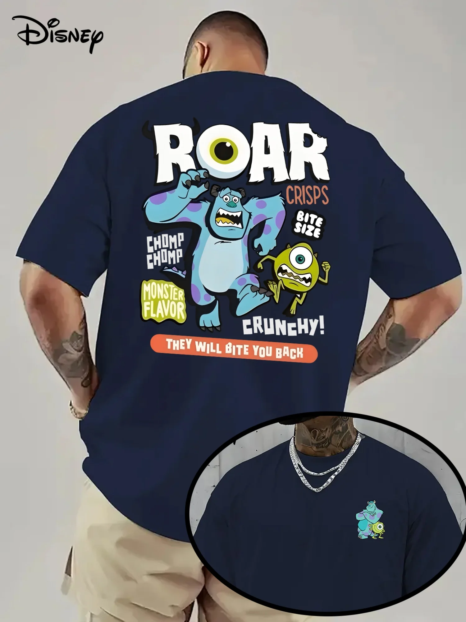 تي شيرت رجالي بنمط شركة Disney Monster Power للترفيه اليومي والأنشطة المخصصة للجنسين من القطن بأكمام قصيرة كبيرة الحجم #4