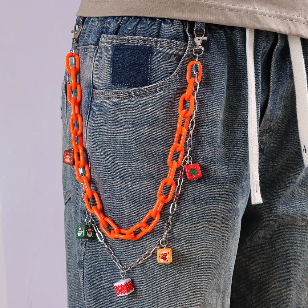Orange Acrylic Chain Christmas Element Pendant Double-Layer Pants Chain Accessory Unique Versatile Fashion Item