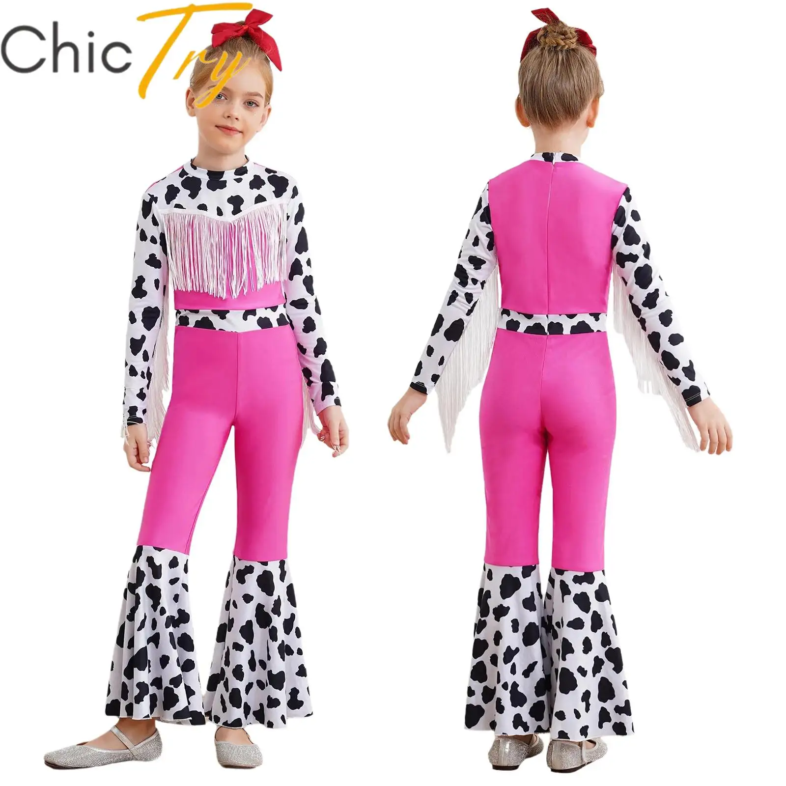

Kids Western Cowboy Cowgirl Costume Halloween Cosplay Party Jumpsuit Long Sleeve High Waist Bodysuit Fringe Flared Dress Ups