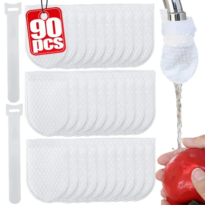 30/90PCS Universal Faucet Filter Bags Nylon Mesh Non Woven Fabric Tap Strainer with Ties for Spout Reusable Splash Guard Kitchen