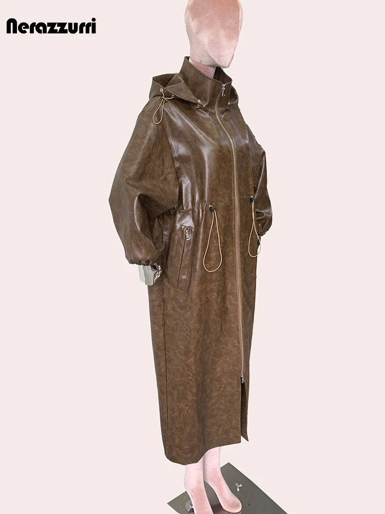 Nerazzurri-Manteau Long et Cool en Cuir PU Marron avec Capuche pour Femme, Vêtement de Luxe de Styliste avec Fermeture Éclair, Collection Automne 2024