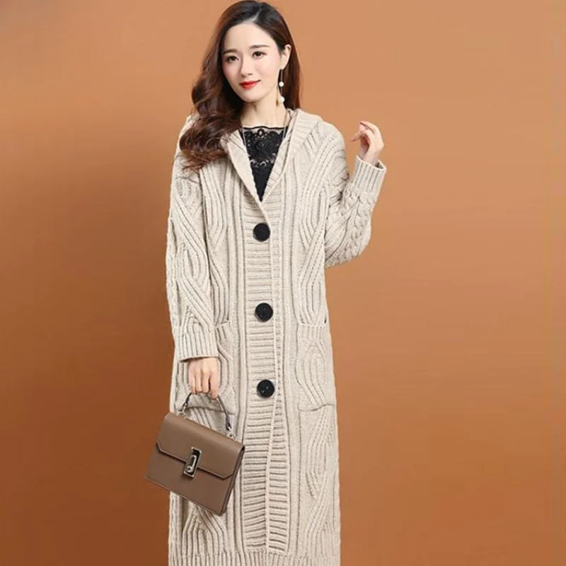 2023 New Women Autumn Winter  Over The Knee Boots Thickened Loose Wool Sweater Coat Cardigan Medium Style Hooded Trend