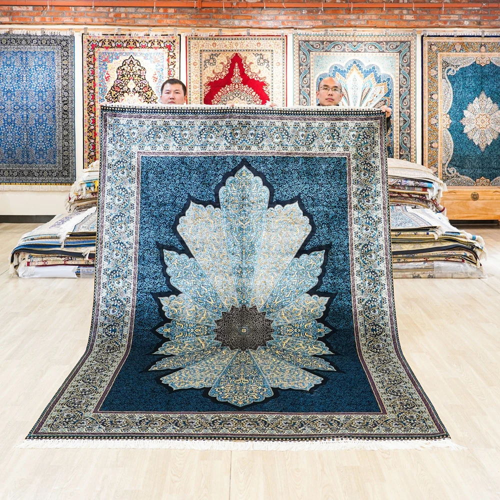 183x274cm Handmade Silk Area Rug Low Pile Oriental Turkish Durable Carpet