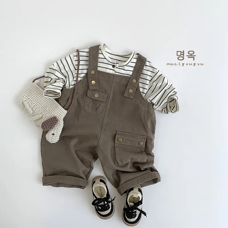 2025 New Children Loose Overalls Cotton Boys Girls Solid Strap Trousers Baby Sleeveless Jumpsuit Kids Pocket Casual Pants