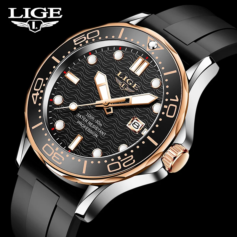 LIGE Brand Mens Watches Business Quartz Watch Men Silicone Band Sports Waterproof Watches Date Wristwatches Relogios Masculino