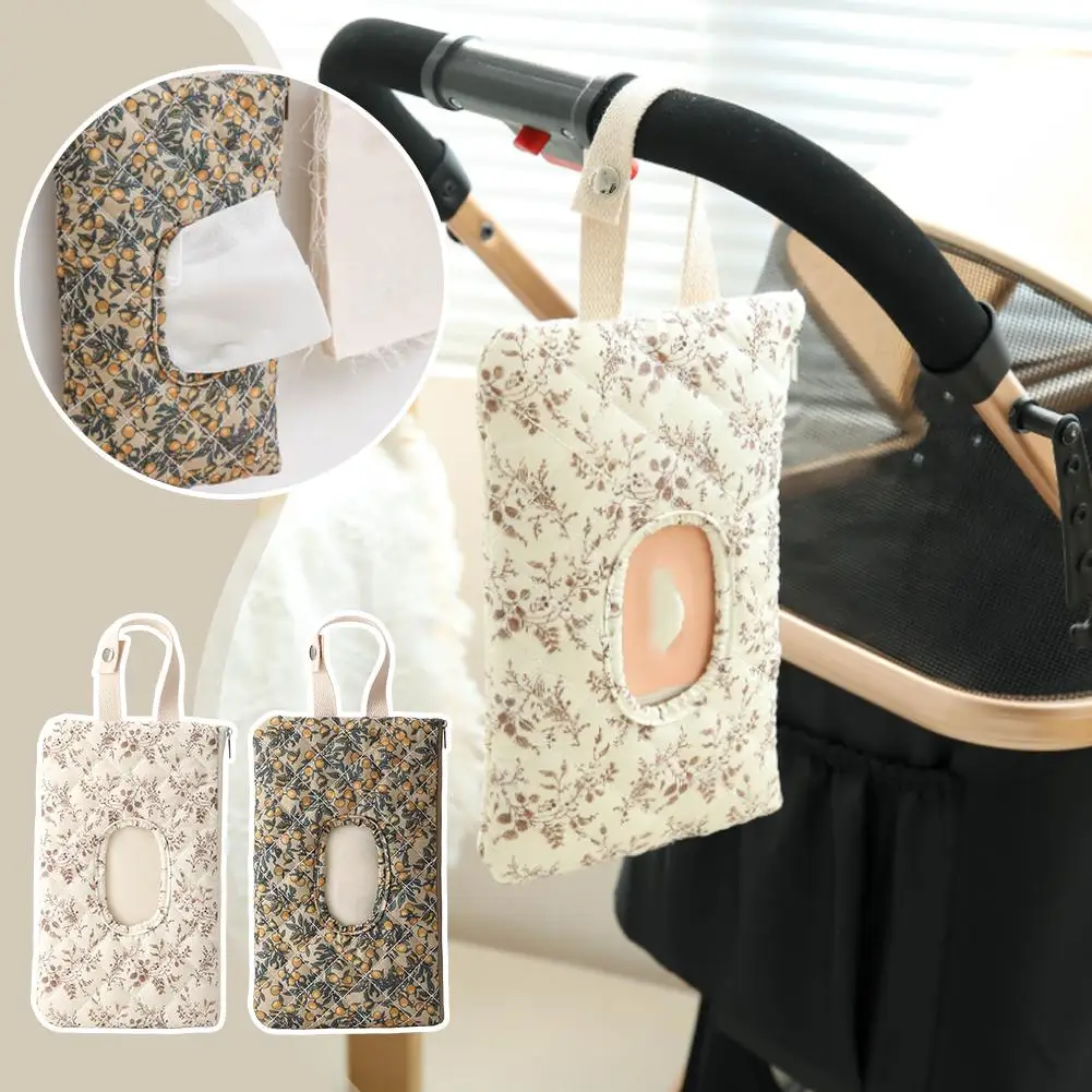 

Портативная подвесная сумка для коляски, держатель для салфеток, многоразовый холщовый органайзер с цветочным узором, стеганый диспенсер для детских салфеток, съемный контейнер для хранения салфеток