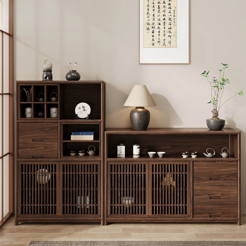 

New Chinese-style solid wood dining side cabinet, tea cabinet, black walnut low cabinet, tea room, Duobao Pavilion, shelf