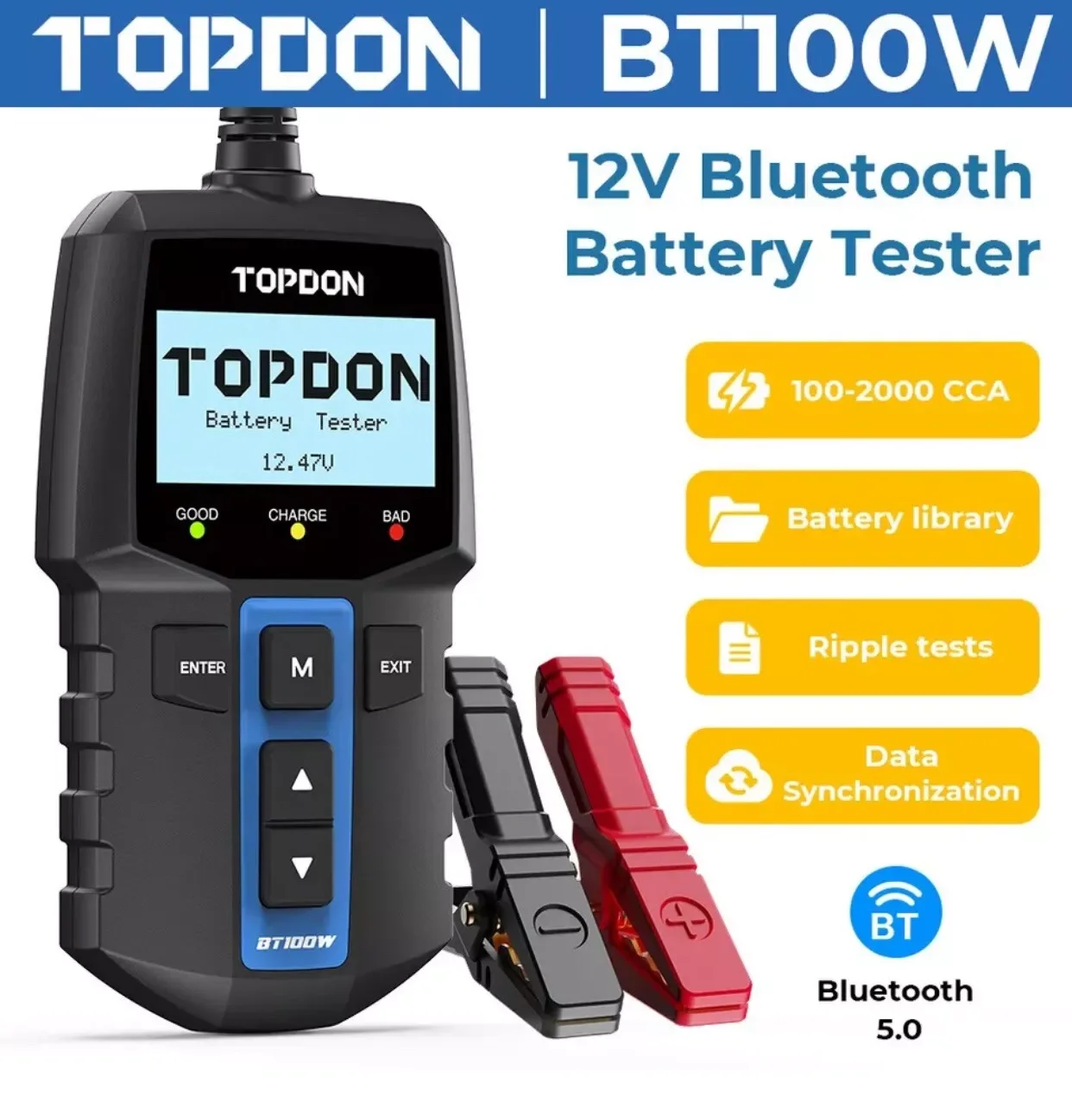 TOPDON BT100W Battery Tester 12V Charging Cranking Digital Test Tools for the Car Auto Analyzer Vehicle