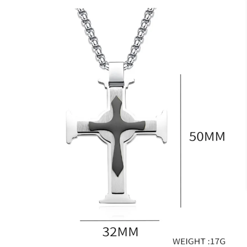 Men's Tri-Layer Stainless Steel Cross Pendant Necklace with Wheat Chain - Silver Black Religious Jewelry  Wholesale Price