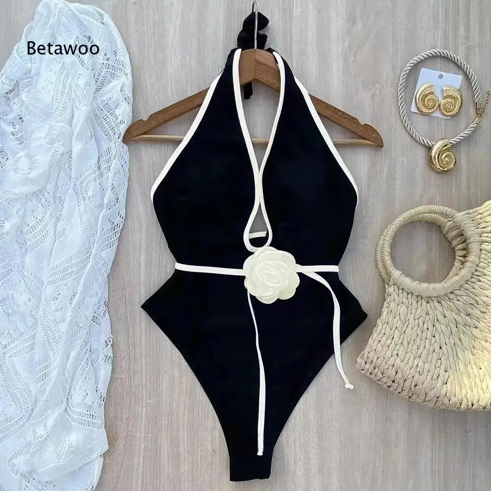

2026 Elegant Retro Halter Swimsuit, Slimming Black with White Piping and Flower Accent