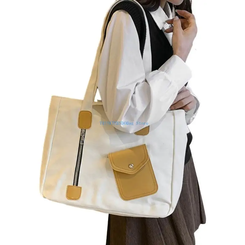 

63HC Womens Canvas Handbags Casual Shoulder Work Bag with Zipper Student Large Capacity Bag Female Lightweight Bags