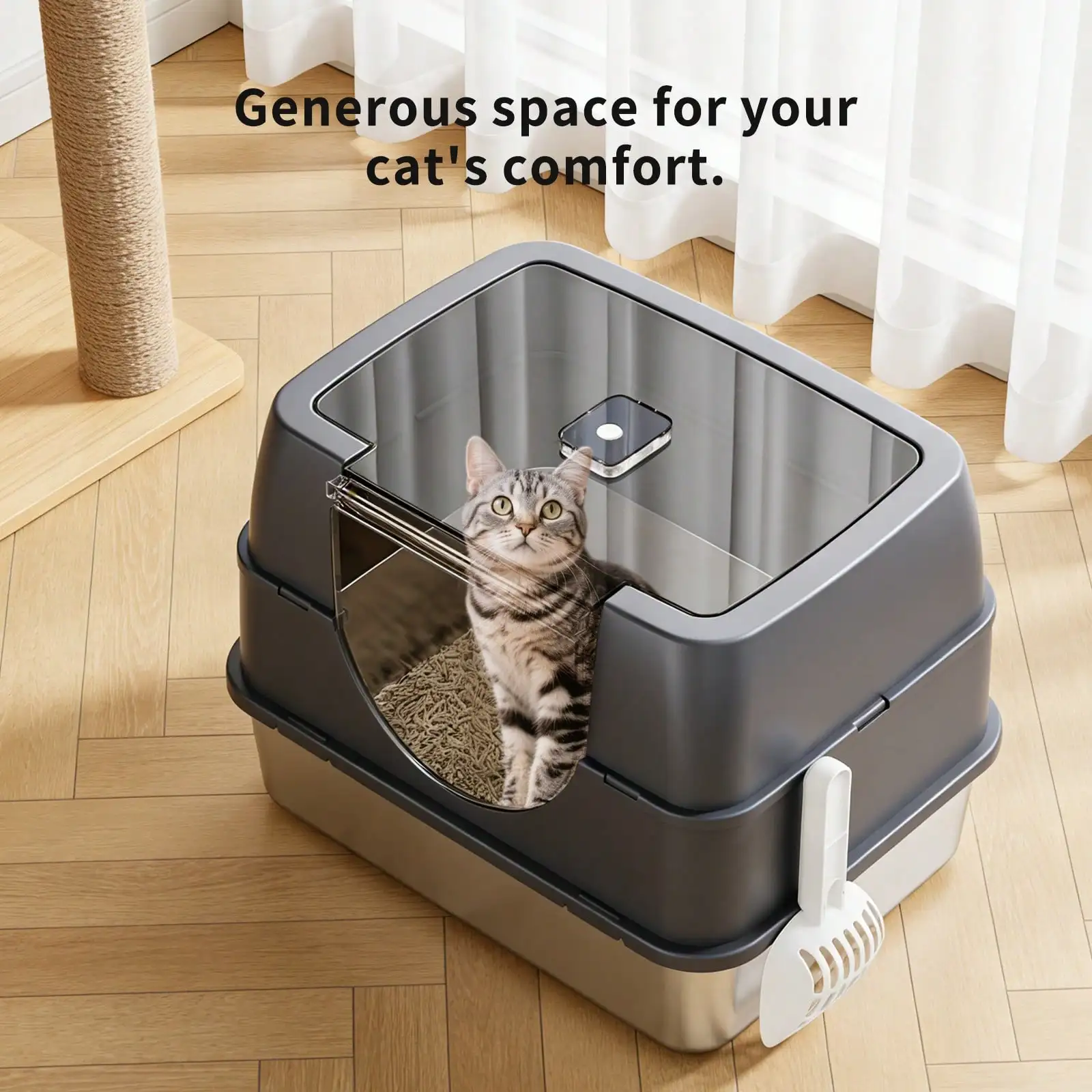 Extra Large Stainless Steel Litter Box With Lid, High Sided Enclosed Metal Cat Litter Pan, Dog Proof Front Entry Top Exit, Odor Control Easy Clean Leak Proof, Includes Mat, Scoop & Step - view 6