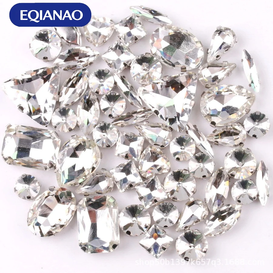 EQIANAO 50Pcs Assorted Shapes Sew On Crystal Rhinestones Glass Claw Stones Appliques for Wedding Dress Clothing & DIY Projects