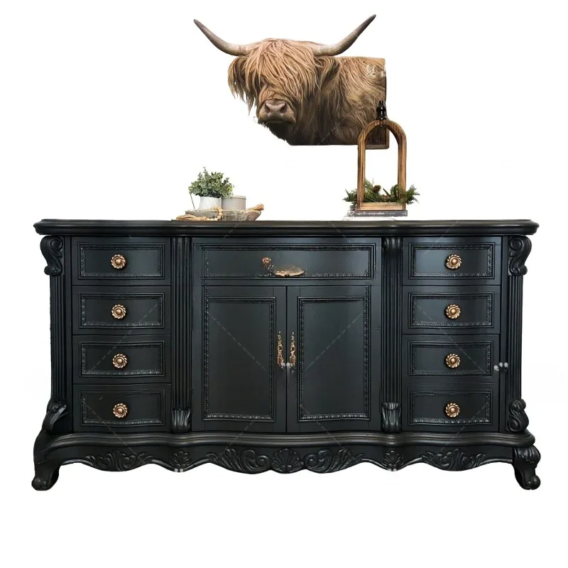 

French retro solid wood carving flower porch cabinet small apartment living room decorative cabinet locker display cabinet