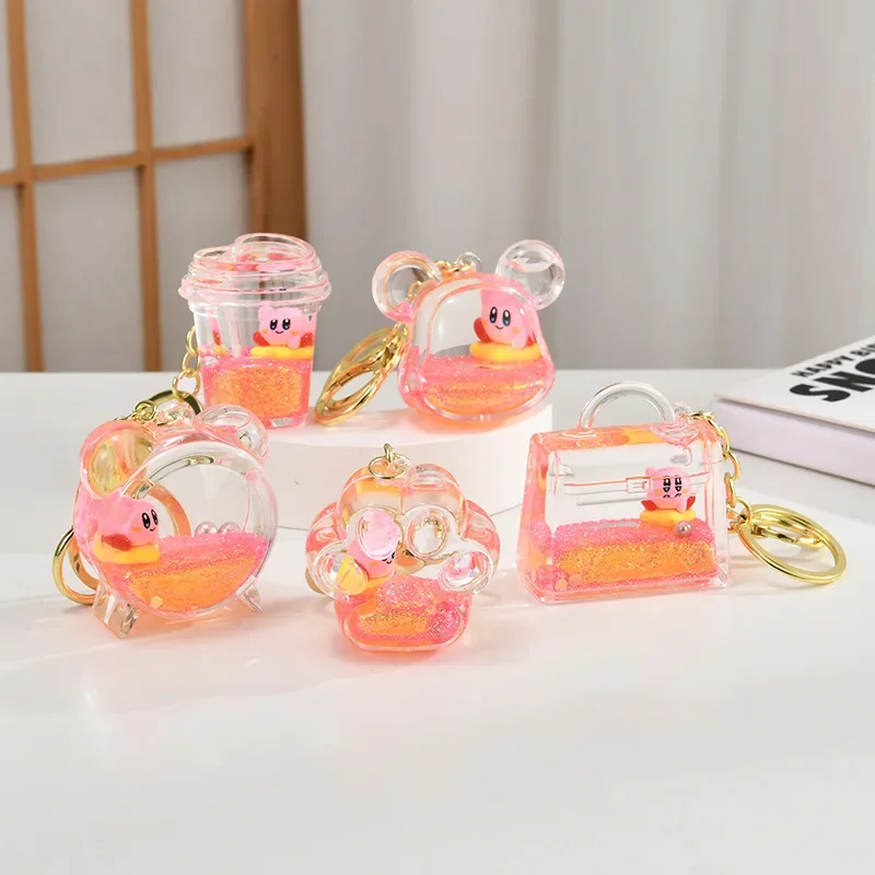 Kirby Cartoon Acryl Sleutelhanger Anime Drijfzand Fles Vrouwen Creatieve Grappige Sleutelhanger Rugzak Tas Decor Hanger Sleutelhanger Geschenken