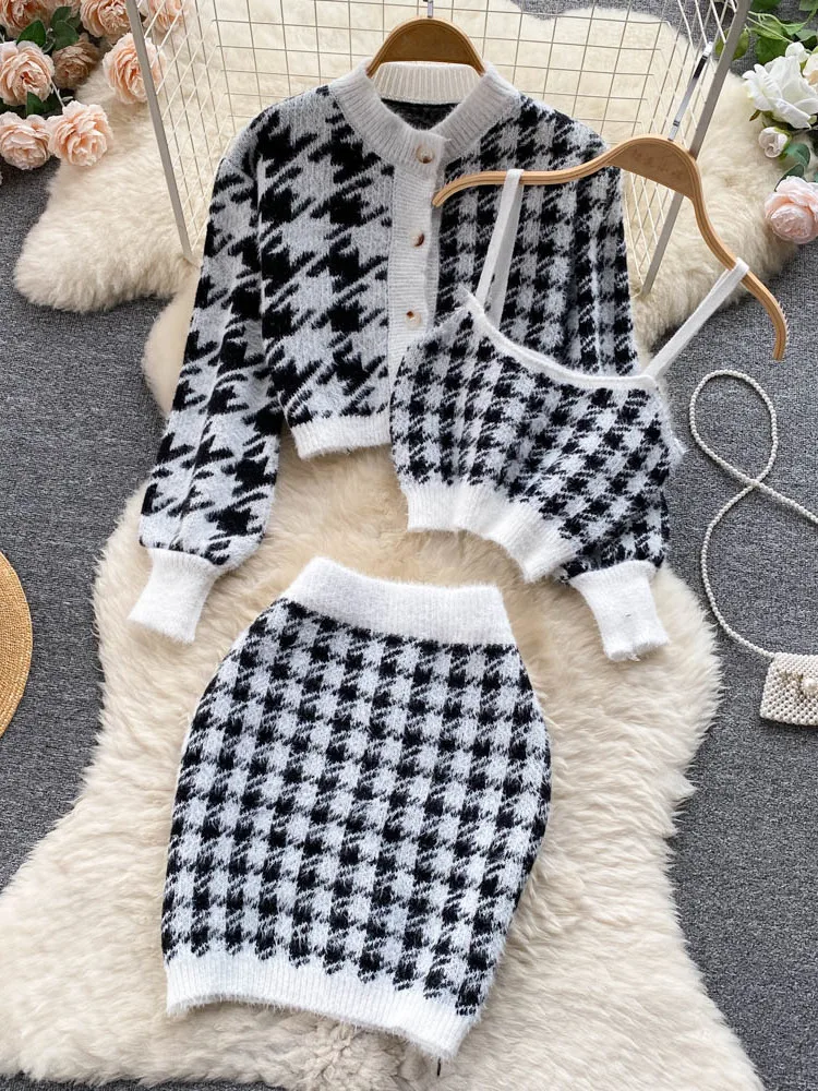 Korean Fashion Casual Knitted Cardigans + Camisole + Skirt Sets Girls Short Sweater Coat + Vest + Mini Skirt Suits Women Outfits