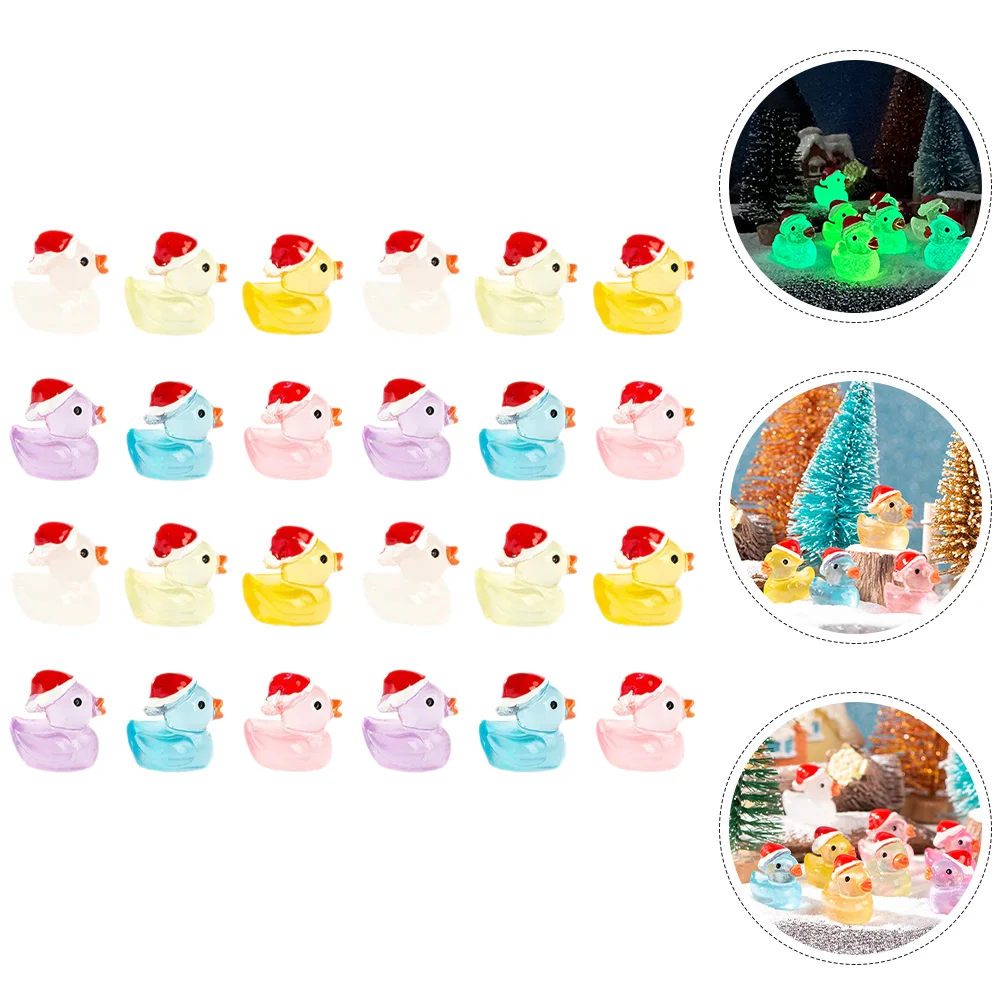 24 Pcs Micro Landscape Resin Ornament Cartoon Cute Luminous Christmas Duck Snow Scene Decoration Statue Hat Mini Decors