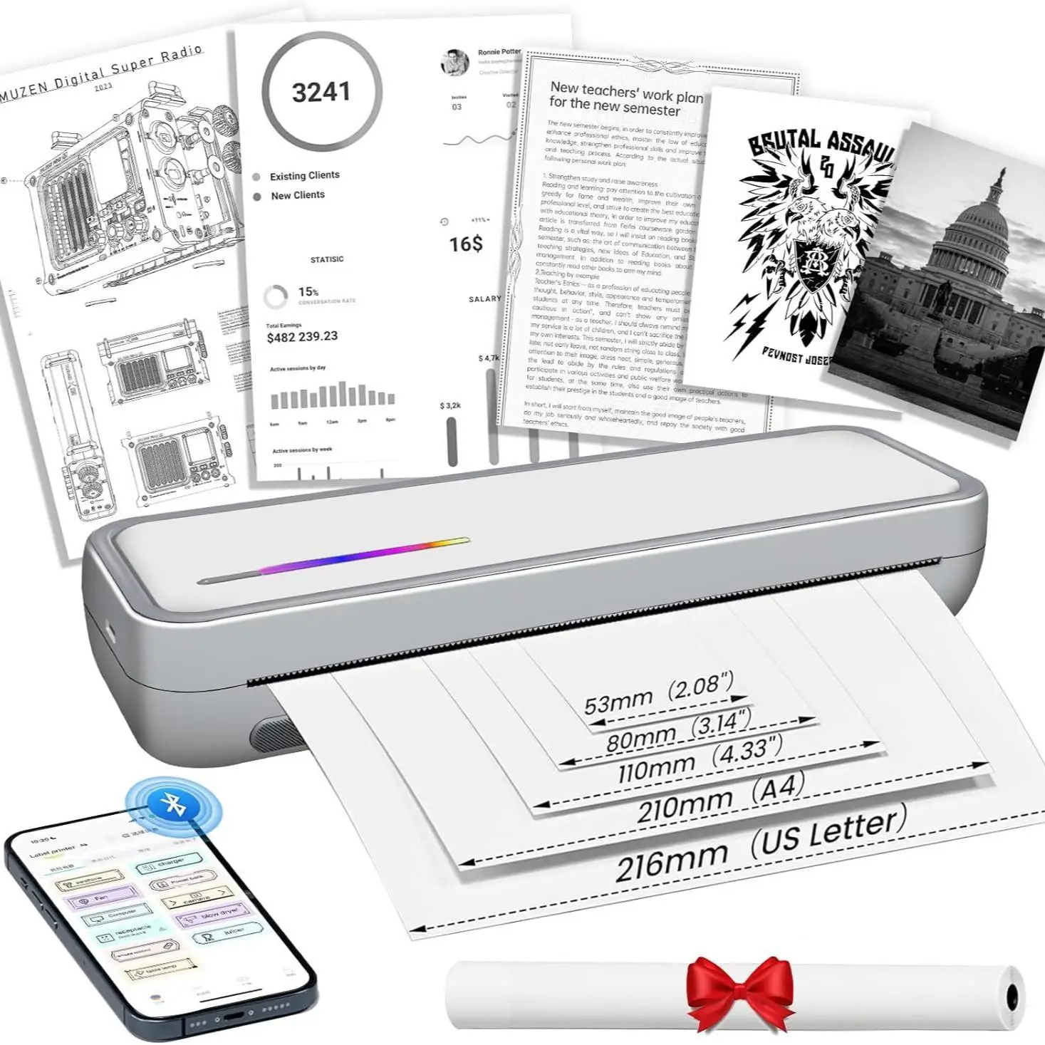 Thermal Printer Inkless Wireless A4 X9 200Dpi 2500Mah Bt Mobile Printing Ios/Android/Laptop for Tattoo Artists Enthusiasts