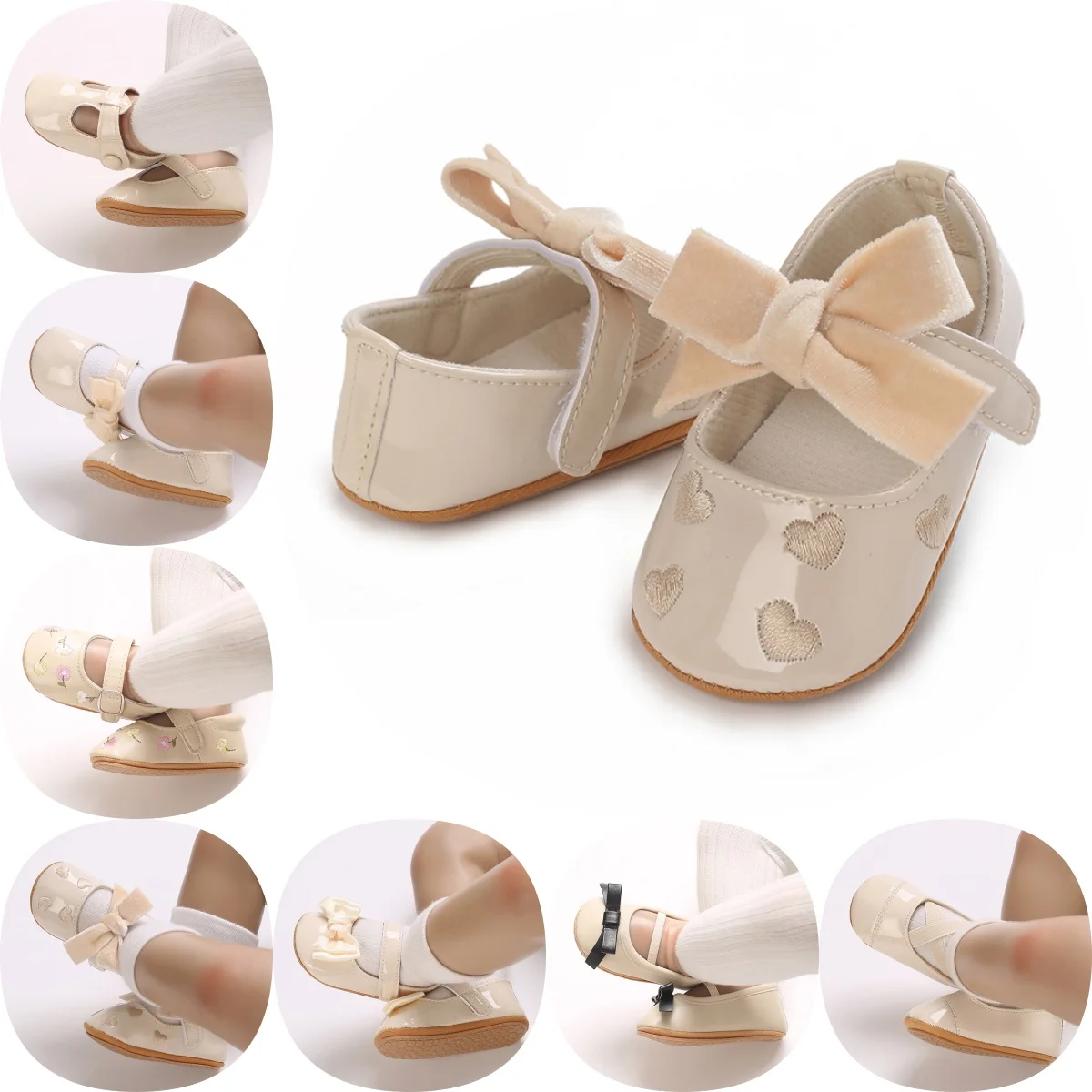 Apricot 0-18M Newborn Casual Shoes Baby Bow Anti Slip Rubber Soft Sole Flat Bottom PU Newborn Bow Decoration Mary Janes