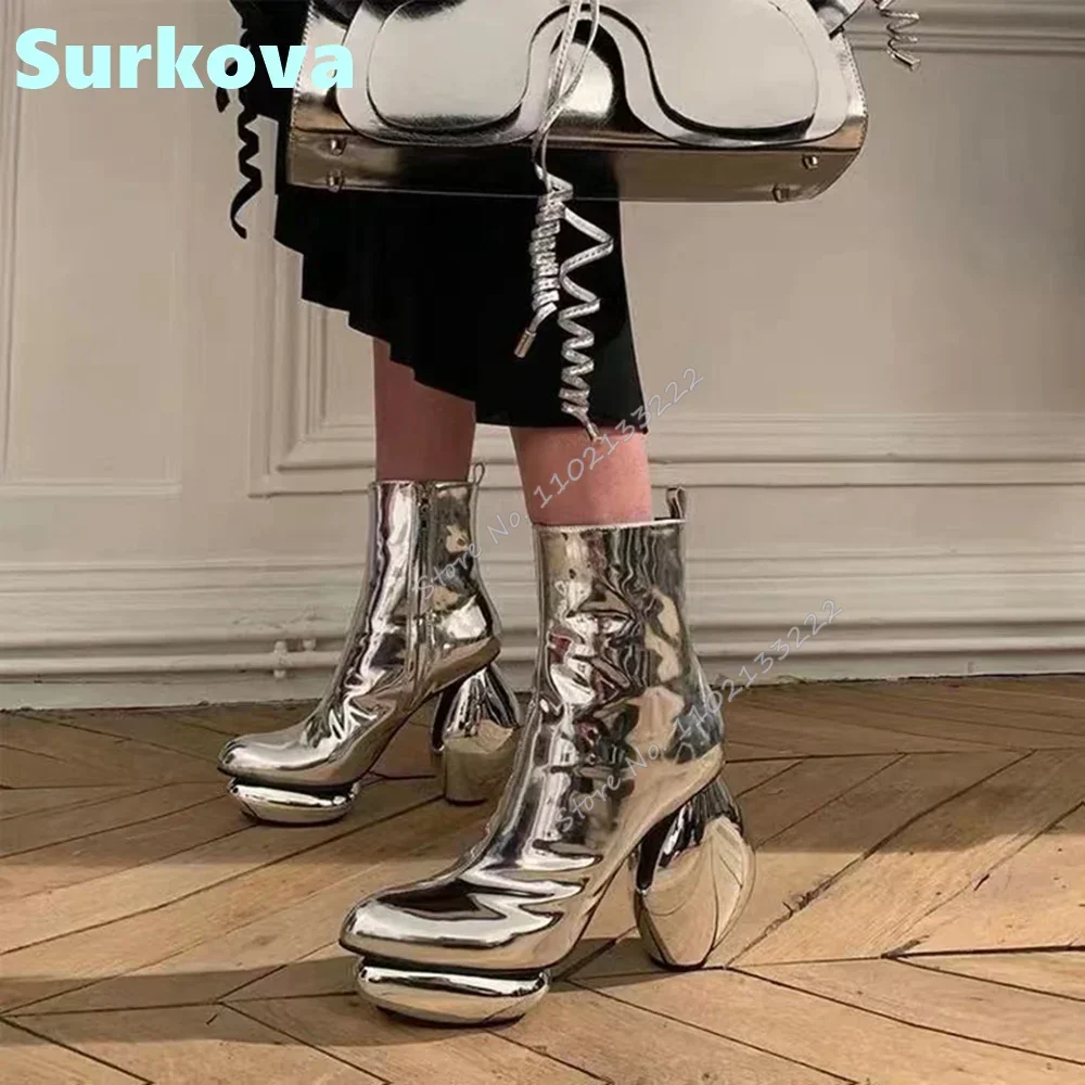 

Ботильоны на серебряной зеркальной платформе, странный стиль, кожаные ботинки на высоком каблуке с острым носком, весенне-осенняя модная женская повседневная обувь