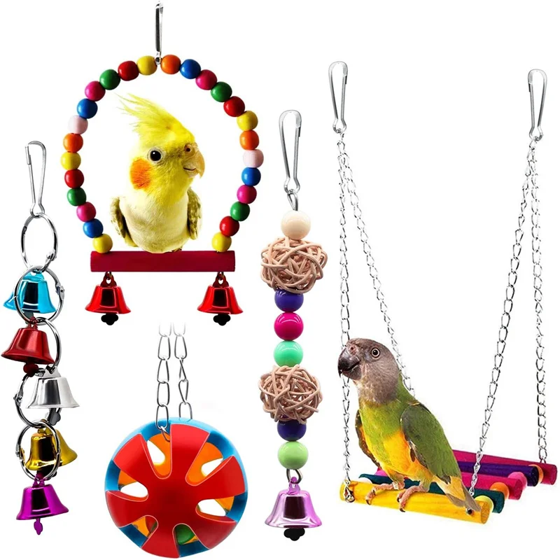 (5 Pack) Bird Swing Toys With Bells Pet Parrot Cage Hammock Hanging Toy Perch For Budgie Love Birds Conures