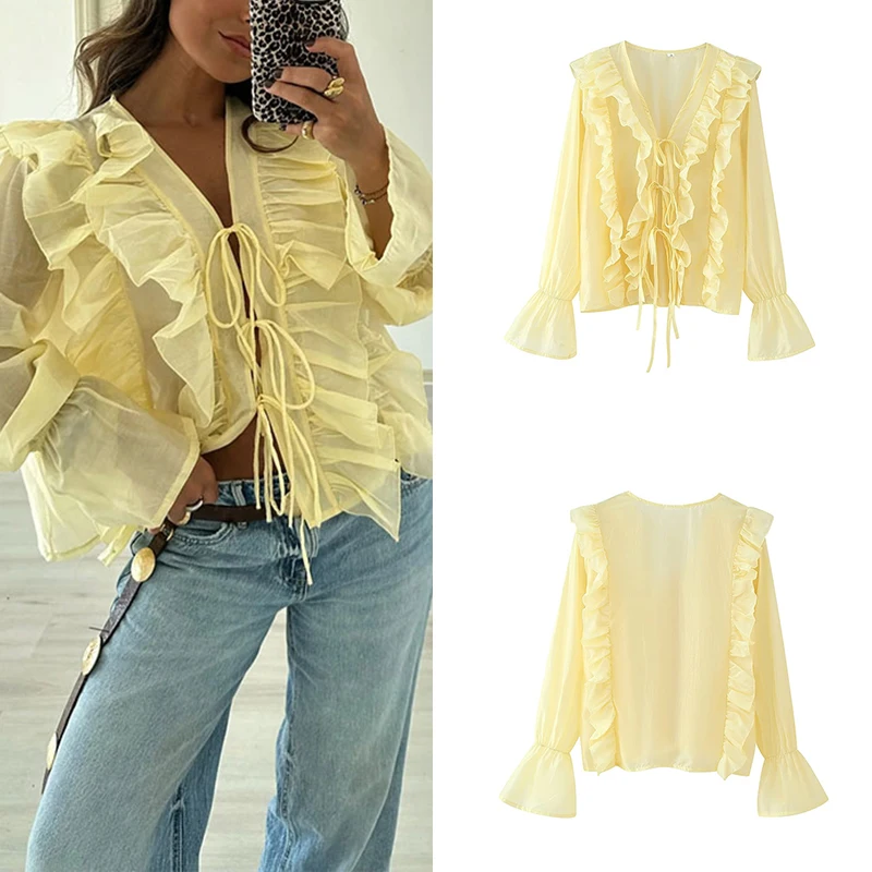 

Z Women's Summer 2025 Blouse Chiffon Bell Sve Personalized Lace Trim Belted Loose Fit V-Ne Polyester Fiber