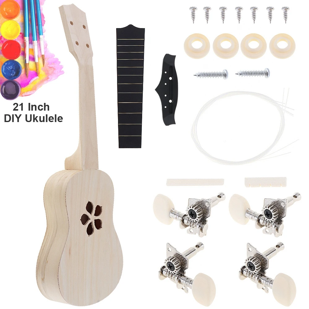 

21 Inch Ukulele DIY Kit Basswood Soprano Hawaii Guitar Ukelele Sakura Sound Hole Handwork Painting for Parents Child Campaign