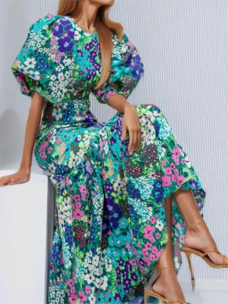

Women Elegant Flower Print Lantern Sleeve And Ankle Fishtail Dresses 2026 Summer Slim Bodycon O-neck Pastoral Style Party Dress