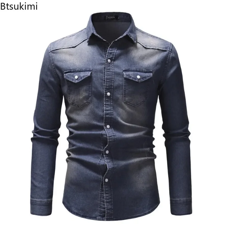 2025 Men's Vintage Denim Shirt Simple Long-sleeved Lapel Slim Casual Shirt Coats Street Cardigan Tops Western Cowboy Shirts Male