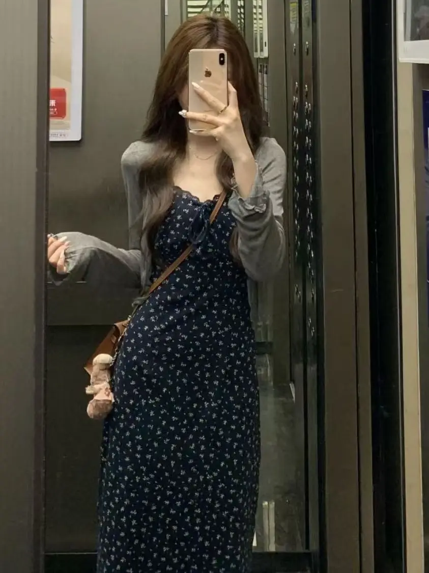 Floral Print Halter Dress Women's mid High Waist Korean Style Autumn New Arrival Short Size Beautiful Cardigan Matching