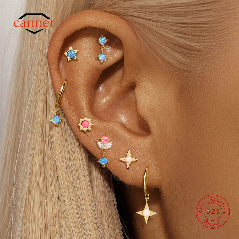 

CANNER Colorful Opal Starry Sky 925 Sterling Silver Stud Earrings For Women Ins Blue Flowers Four Pointed Star Earrings Gift