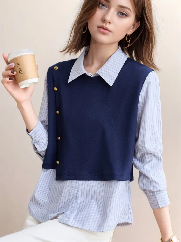 Autumn New Girls Japan Korea Chic Fashion Clothes Long Sleeve Fake Two Piece Peplum Tops Button Basic Blue Striped Shirts