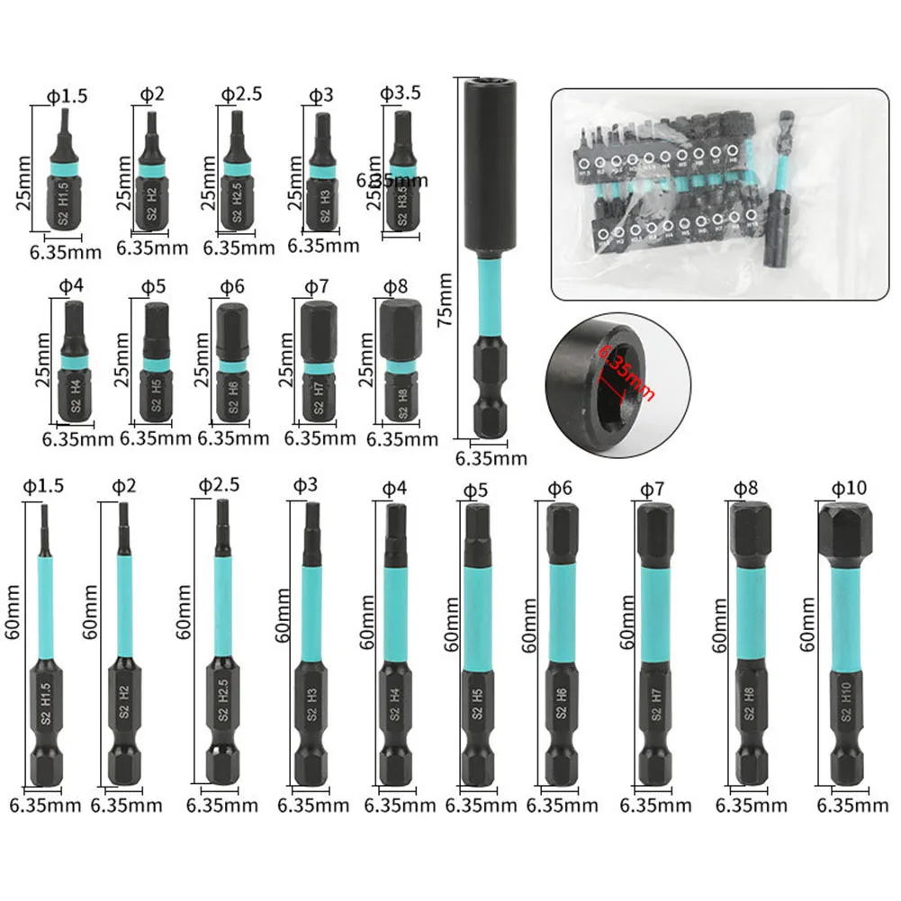 

21 шт., шестигранная отвертка с магнитной головкой длиной 25 мм, 60 мм, хвостовик 1/4 дюйма H2.5,H3,H3.5,H4,H5,H6,H7,H8