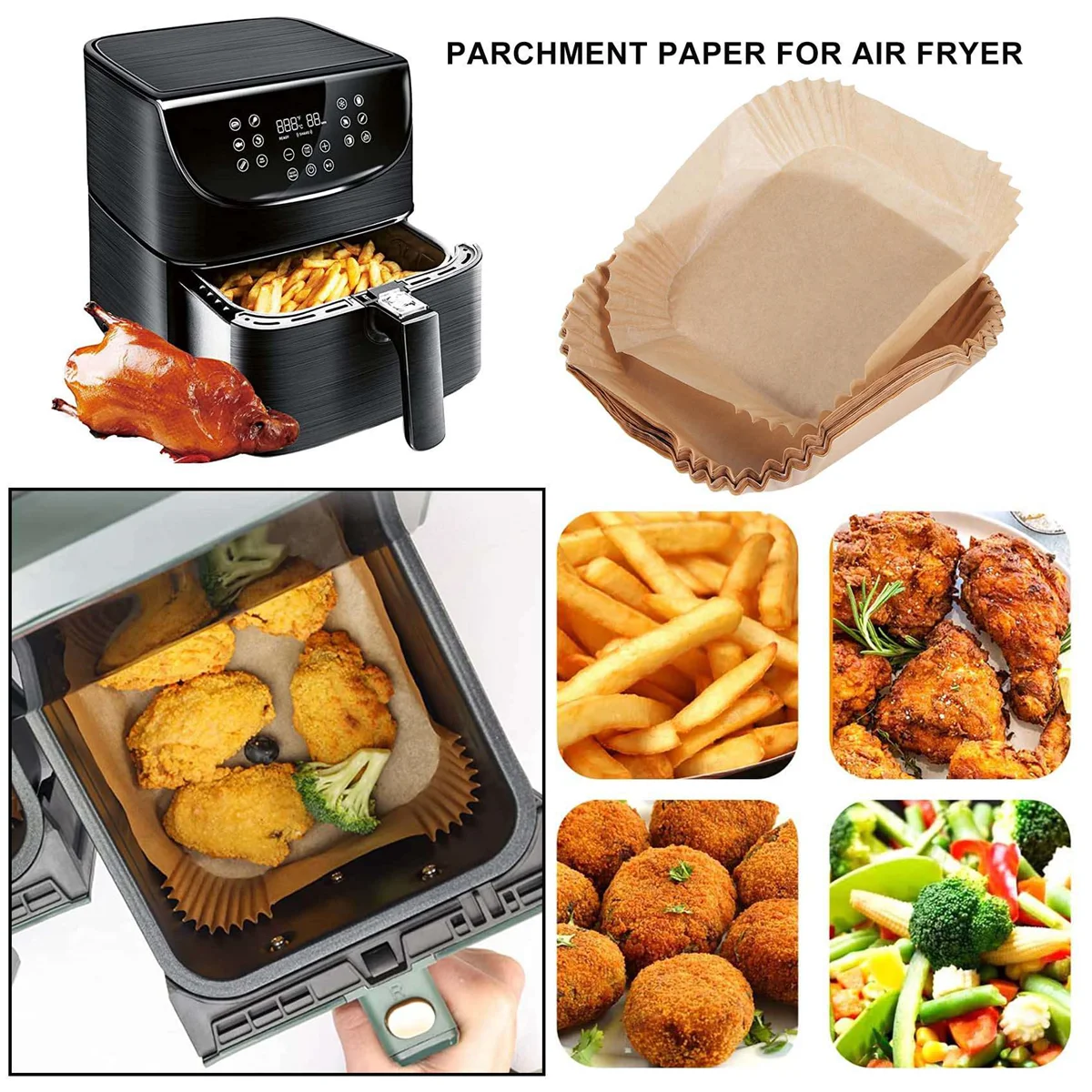 Papier parchemin pour friteuse à air avec brosse à huile, doublures carrées, feuilles de cuisson pour poulet, 6.3 po, 50 pièces