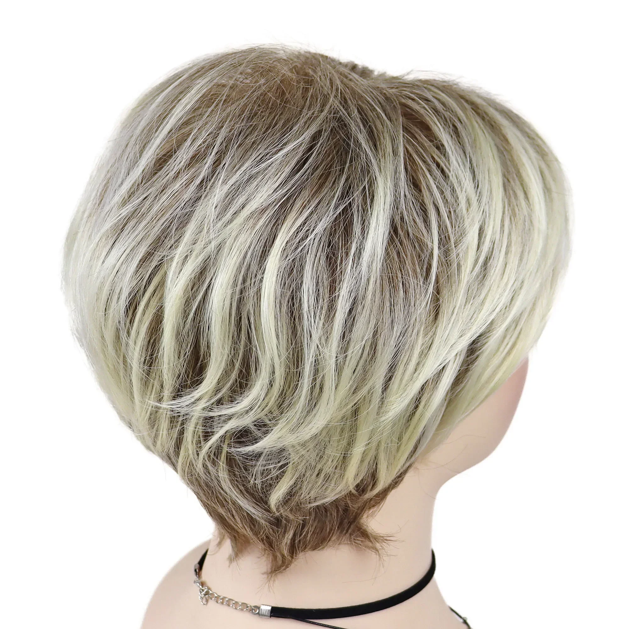 GNIMEGIL Syntetyczne krótkie peruki z fryzurą Pixie dla kobiet Blond Mix Brown Hair Peruka z grzywką Natural Daily Party Use Casual Mommy Wig