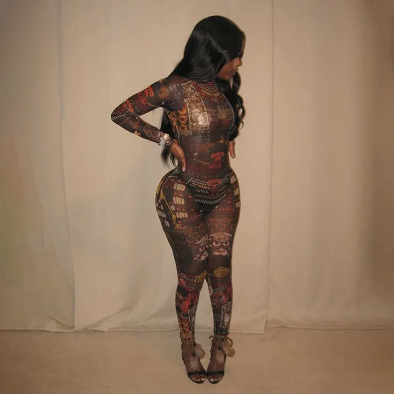 

Printed See Through Mesh Skinny Jumpsuits Women Fashion Sexy O Neck Full Sleeve Peach Hips Slim Night Clubwear Overalls Rompers