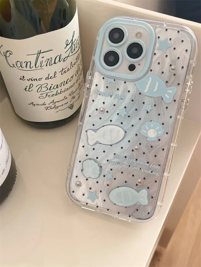 Luxury Blue Dot Pearl Phone Case for iPhone 15 14 13 Pro Max 15pro Silver muslin Design Cover Cartoons Shells Protection Cases