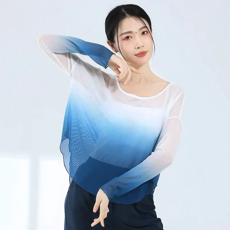 Classic Dance Gauze Tops Women Dance Costume Gradual Mesh Shirt Long Sleeve Cloth Chinese Modern Dancewear Training Cover Up