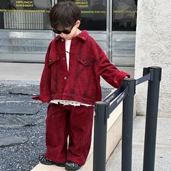 Children Clothes Boys Fashion Set 2024 Spring and Autumn New Handsome Red Denim Coat and Pants Boys Cool Two-piece Set