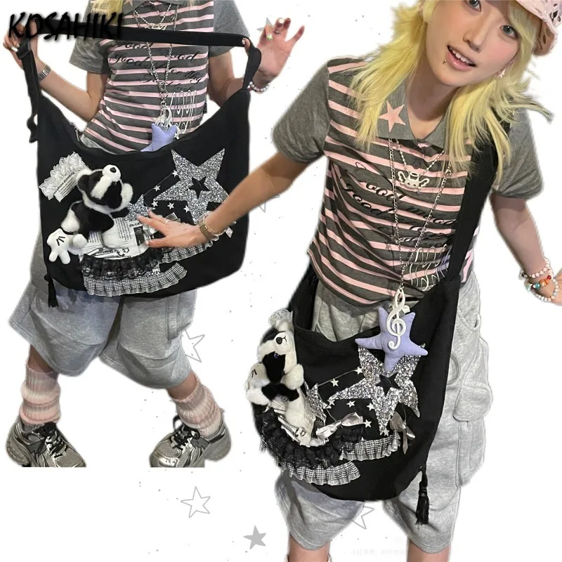 

Y2k Kawaii Dog Lolita Women Shoulder Bag Harajuku Grunge Diamond Star Handbags Streetwear Patchwork Lace Crossbody Bags Trendy