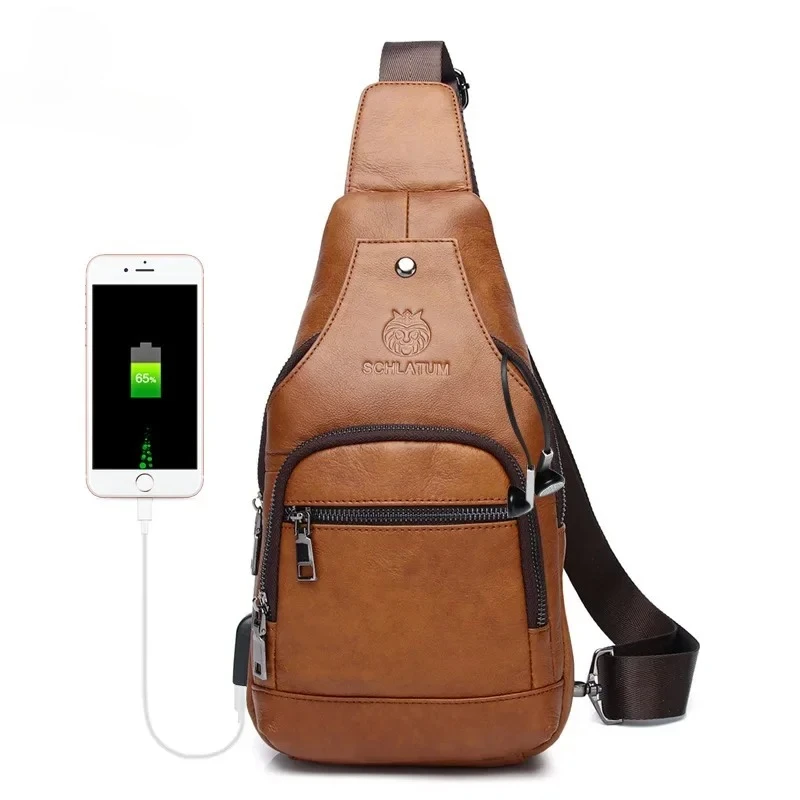 New Men's Bag 100% Cow Leather Chest Bags Large Capacity Men's Shoulder Crossbody Bag Luxury Tote Bag with USB Charging Cable