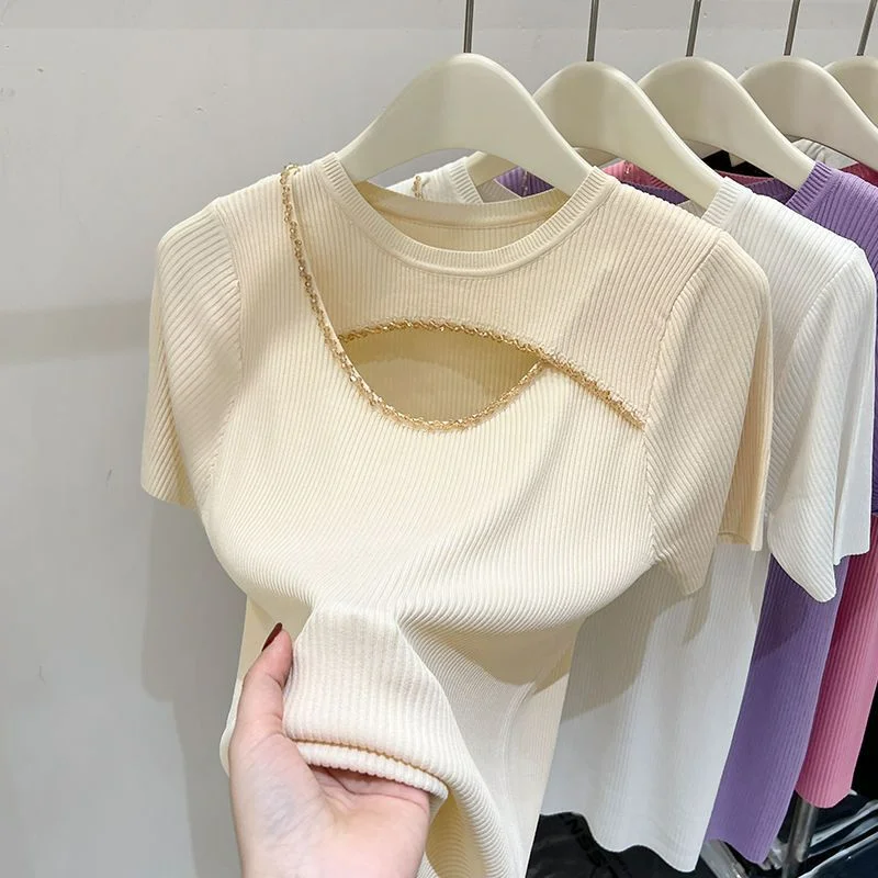 O Neck Solid Color Hollow Out Shiny Patchwork Pull Femme Y2k Vintage Age Reducing Chic Jumpers Short Sleeve Slim Knit Sweaters