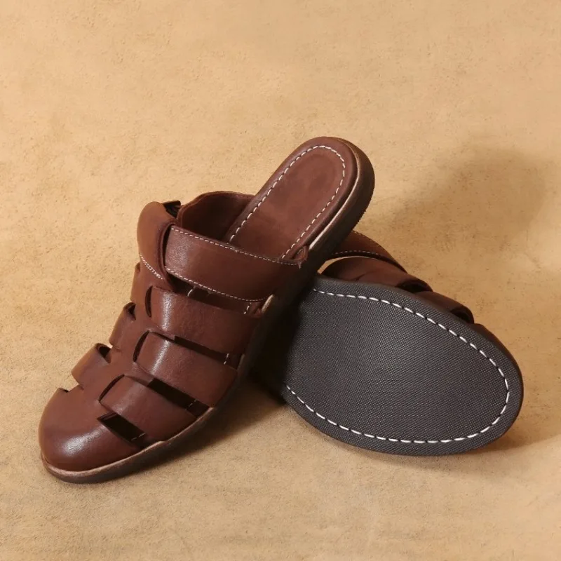 Handmade Half Slipper Men's Summer Outdoor Roman Sandals Male Retro Woven Genuine Leather Casual Flat Beach Shoes Youth